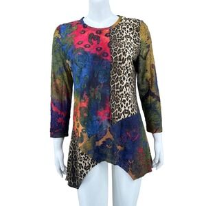 Calessa Top Womens Medium Multi Tunic Patchwork Animal Print 3/4 Sleeve Artsy